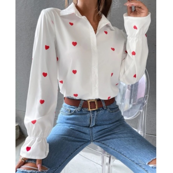Hearts print flounce sleeve button down shirt - Picture 1 of 7